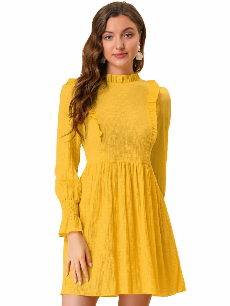 Allegra K Women's Yellow A-Line Mini Dress with Puff Sleeves, Ruffle Neck, and Frill Front