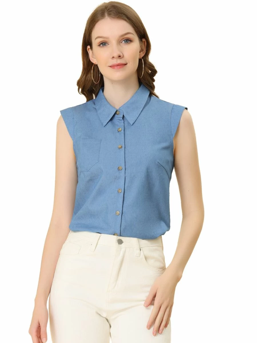 Allegra K Women's Light Blue Chambray Sleeveless Shirt with Collar for Office Work