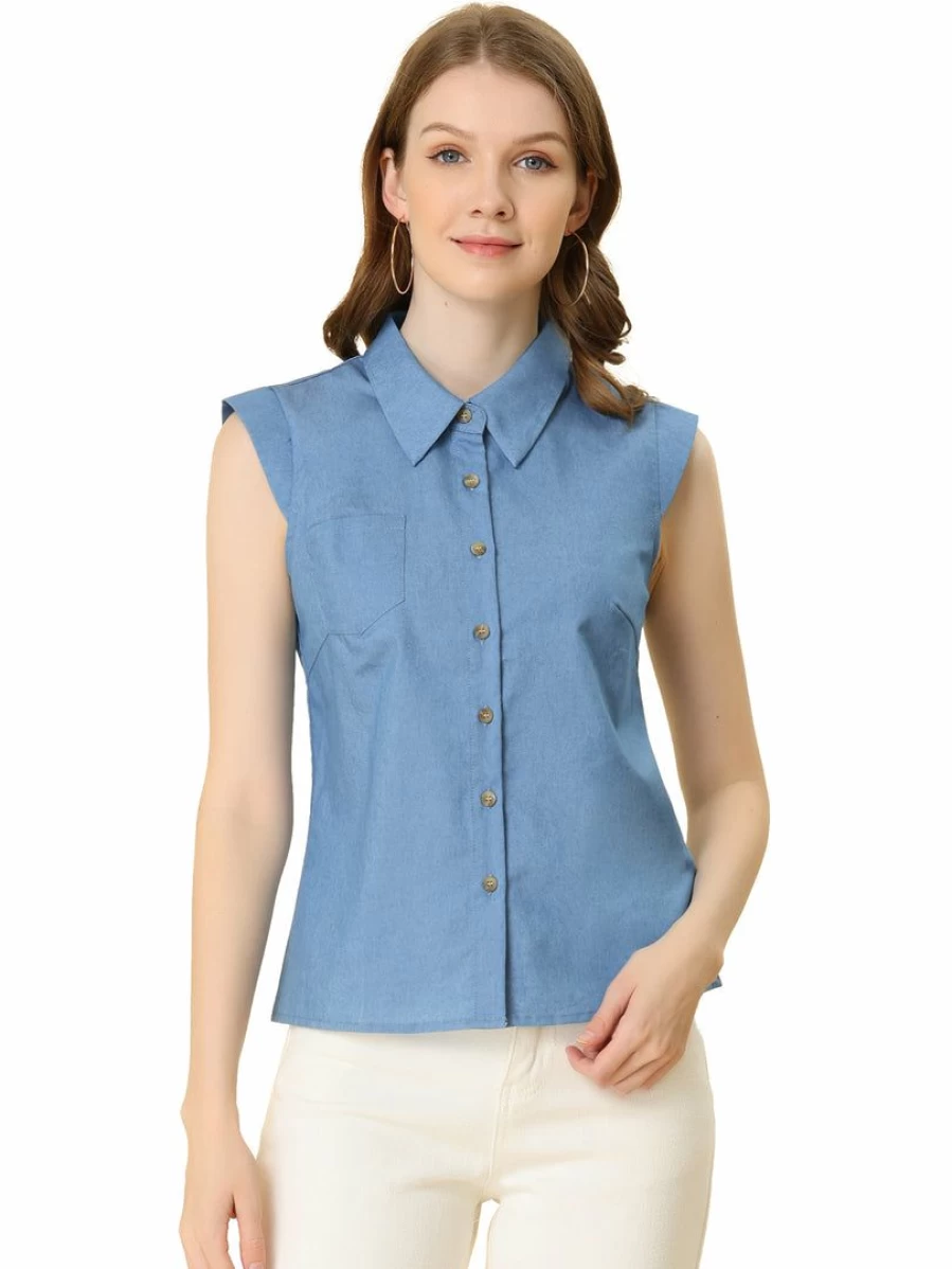 Allegra K Women's Light Blue Chambray Sleeveless Shirt with Collar for Office Work