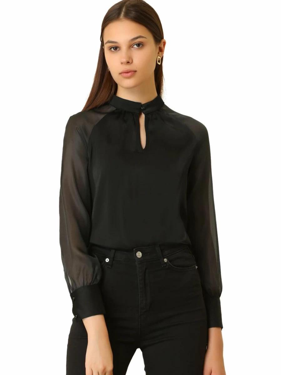 Black Sheer Satin Blouse for Women with Keyhole Neck and Long Sleeves