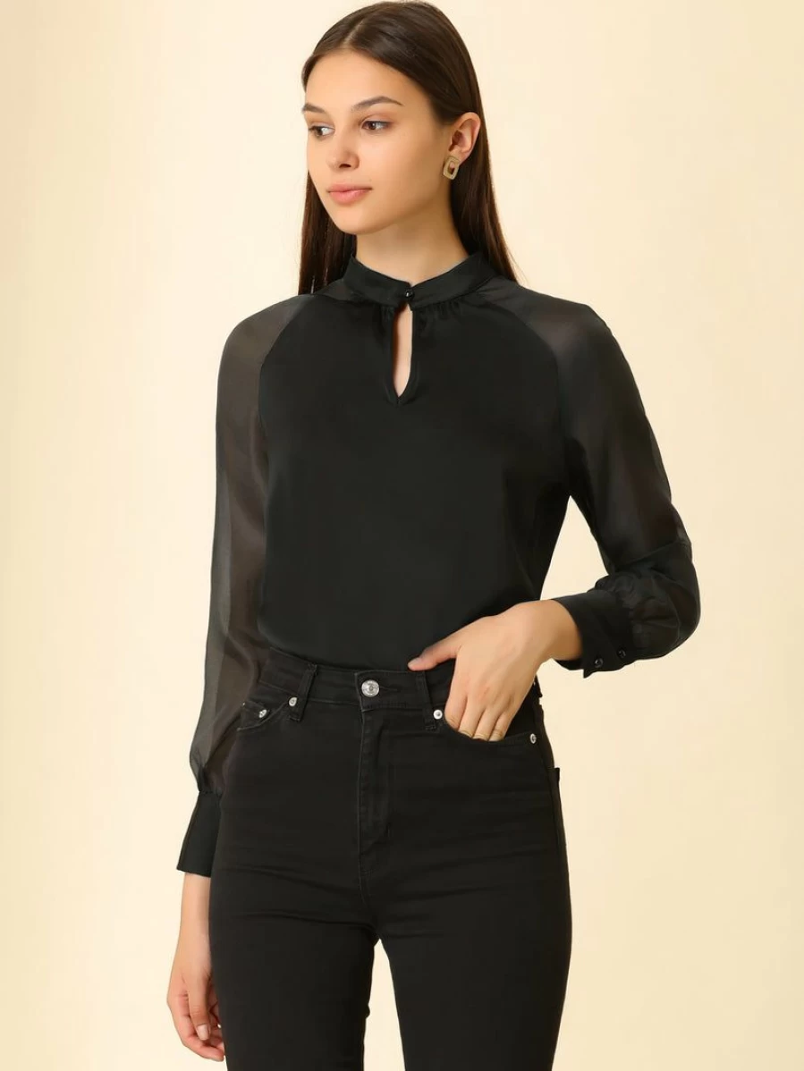 Black Sheer Satin Blouse for Women with Keyhole Neck and Long Sleeves
