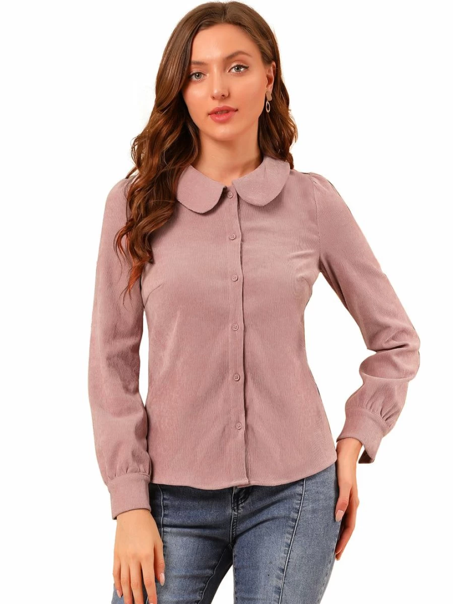 Pink Corduroy Button Down Shirt for Women with Peter Pan Collar Long Sleeve Casual Top