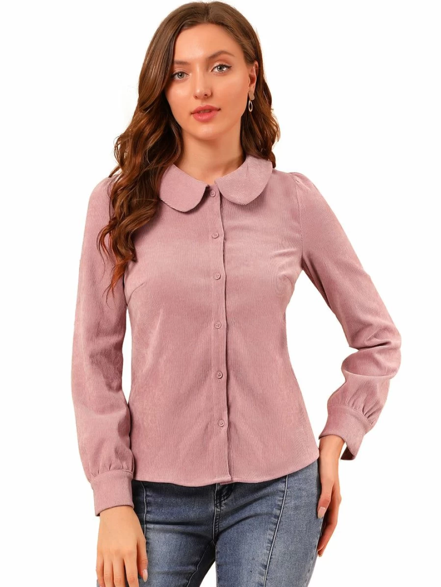 Pink Corduroy Button Down Shirt for Women with Peter Pan Collar Long Sleeve Casual Top
