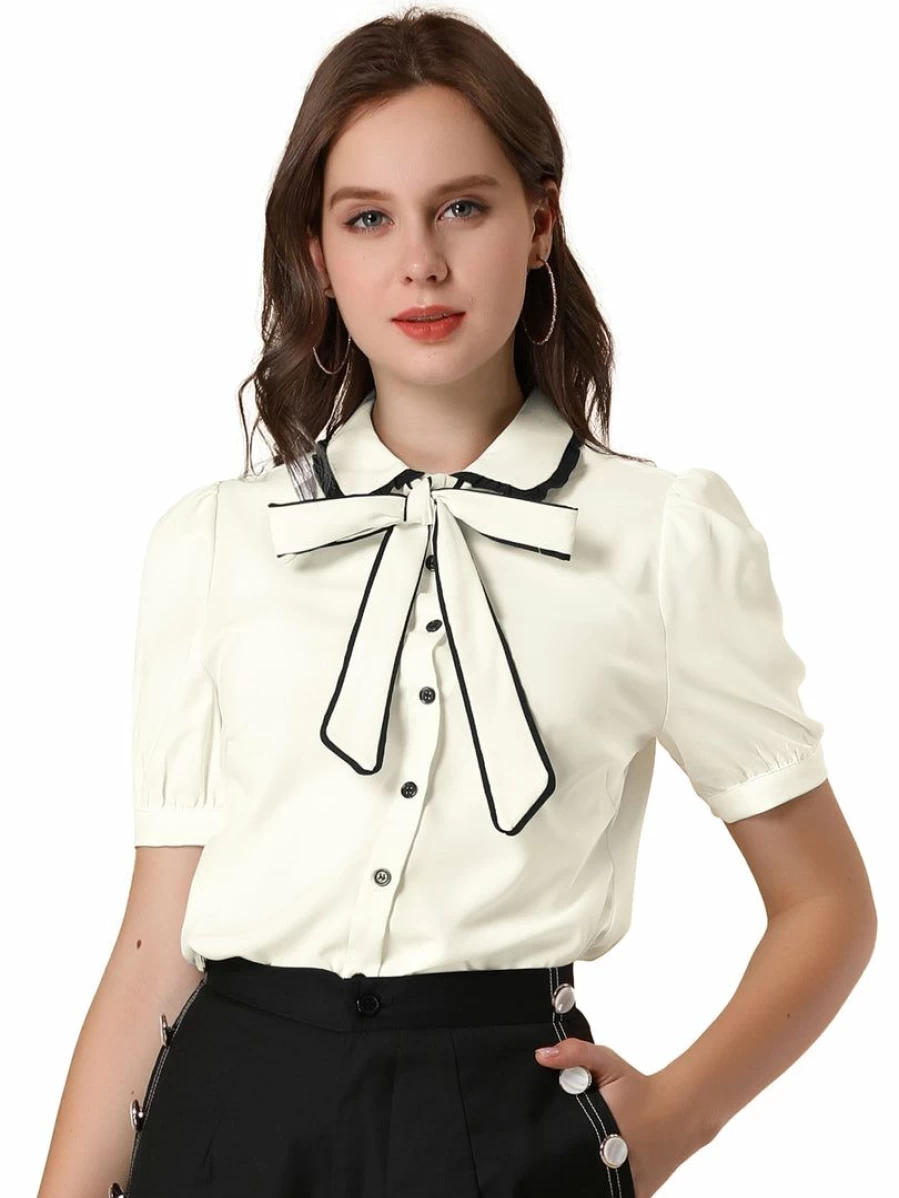 Allegra K Women's White Peter Pan Collar Puff Sleeve Tie Neck Blouse for Work