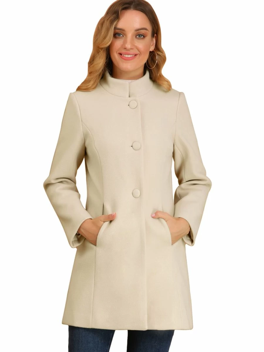 Women's Winter Overcoat Stand Collar Single Breasted Mid-Length Coat Warm Trench Jacket