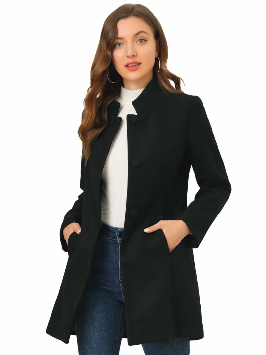 Women's Winter Overcoat Stand Collar Single Breasted Mid-Length Coat Warm Trench Jacket