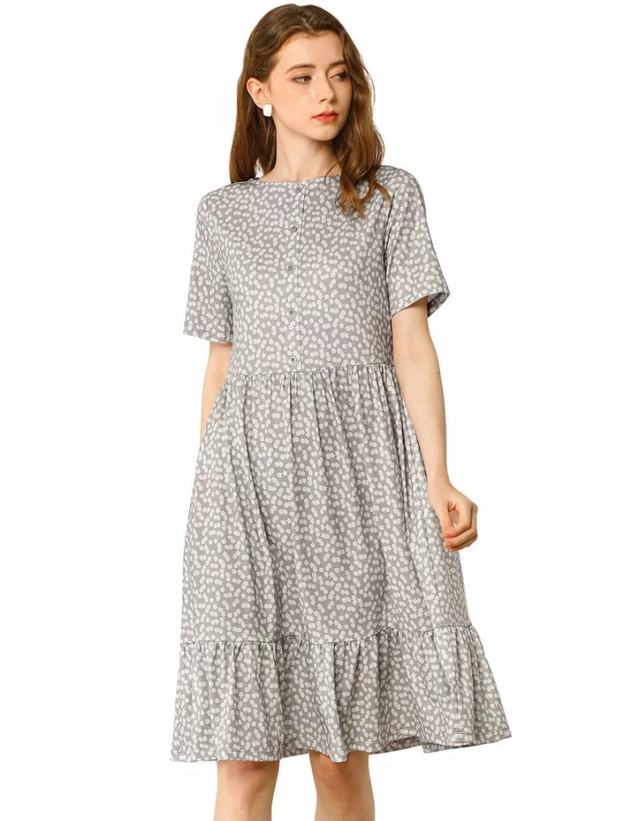 Allegra K Women's Grey Floral Print Short Sleeve A-Line Dress with Button Decor and Ruffle Hem