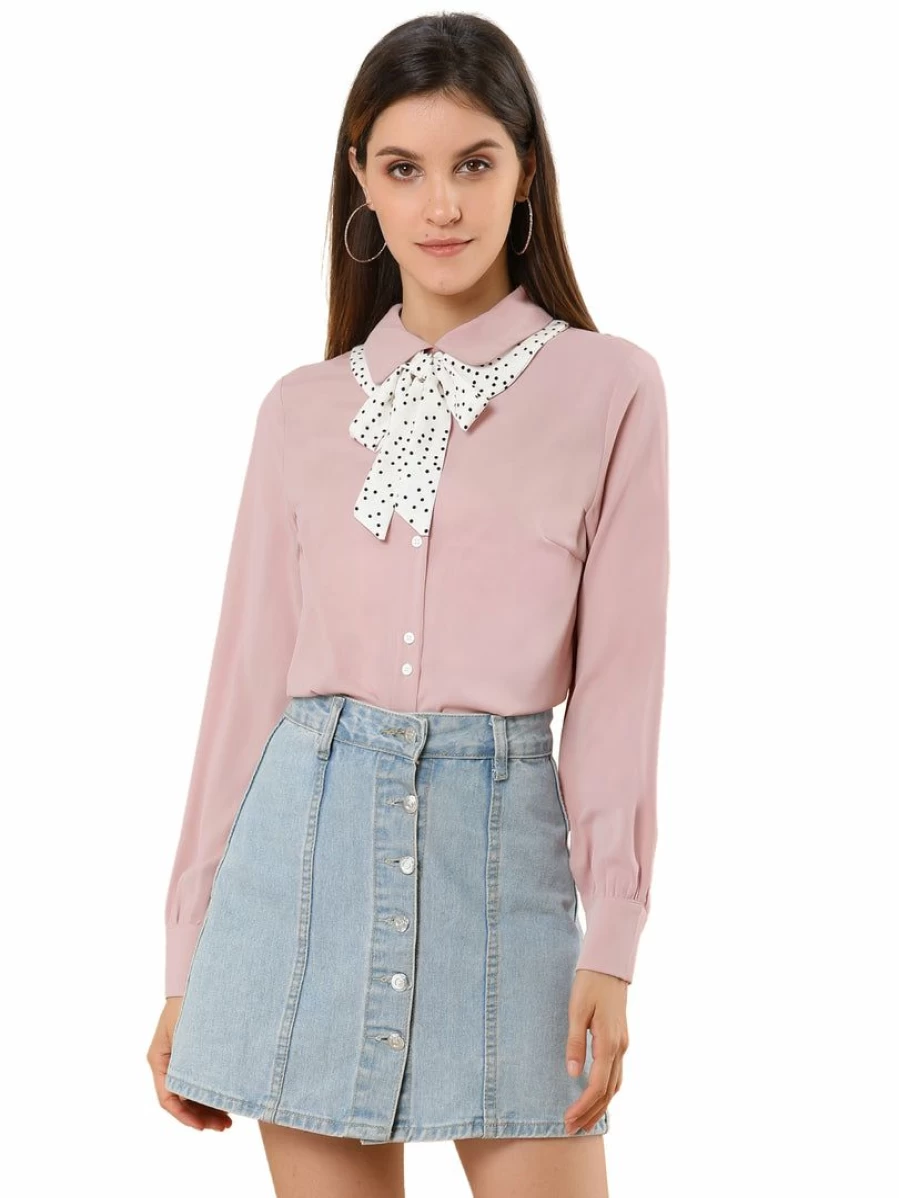 Women's Stylish Bow Tie Peter Pan Collar Shirt for Office & Work - Contrast Color Design