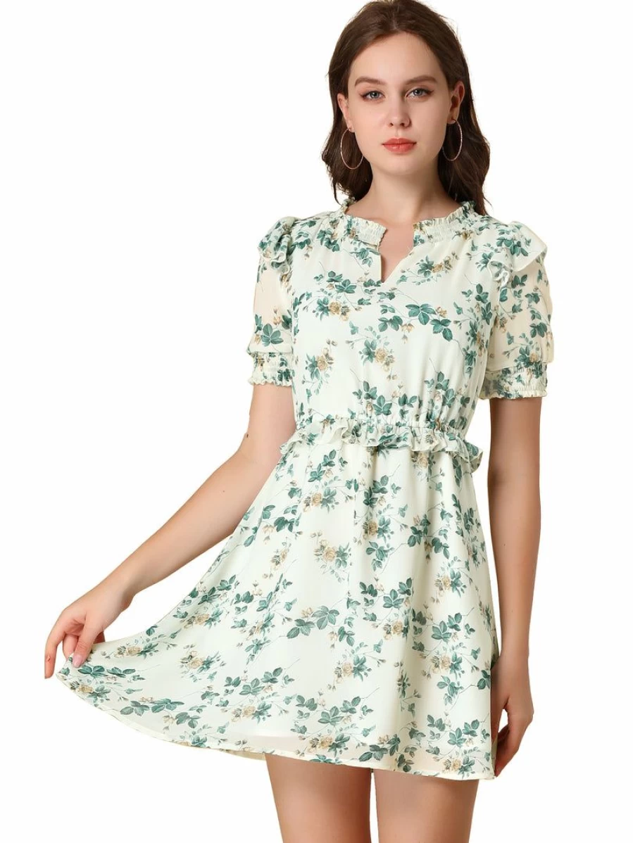 Allegra K Women's Green Floral Mini Dress with Ruffle Smocked V-Neck, Fit and Flare Silhouette, Short Sleeves & Elastic Waist