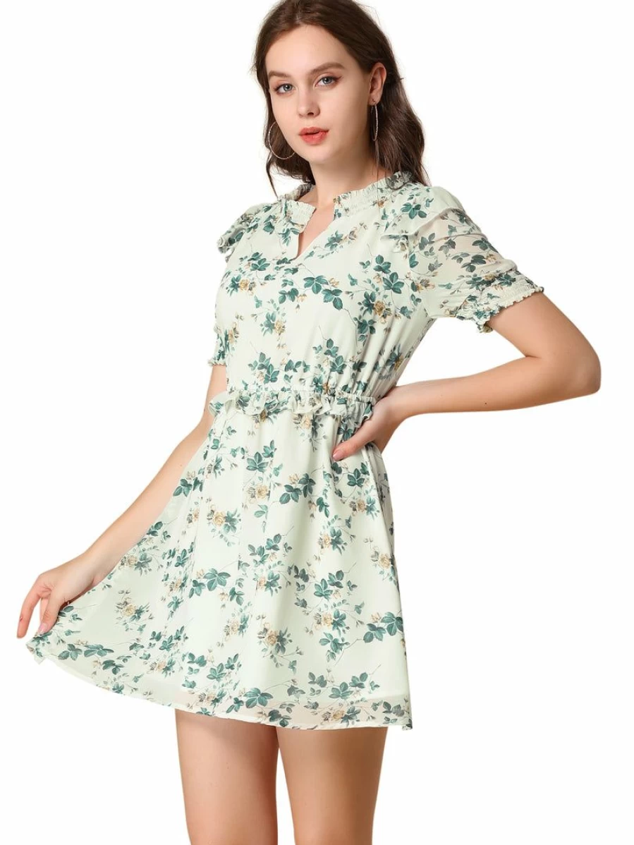 Allegra K Women's Green Floral Mini Dress with Ruffle Smocked V-Neck, Fit and Flare Silhouette, Short Sleeves & Elastic Waist