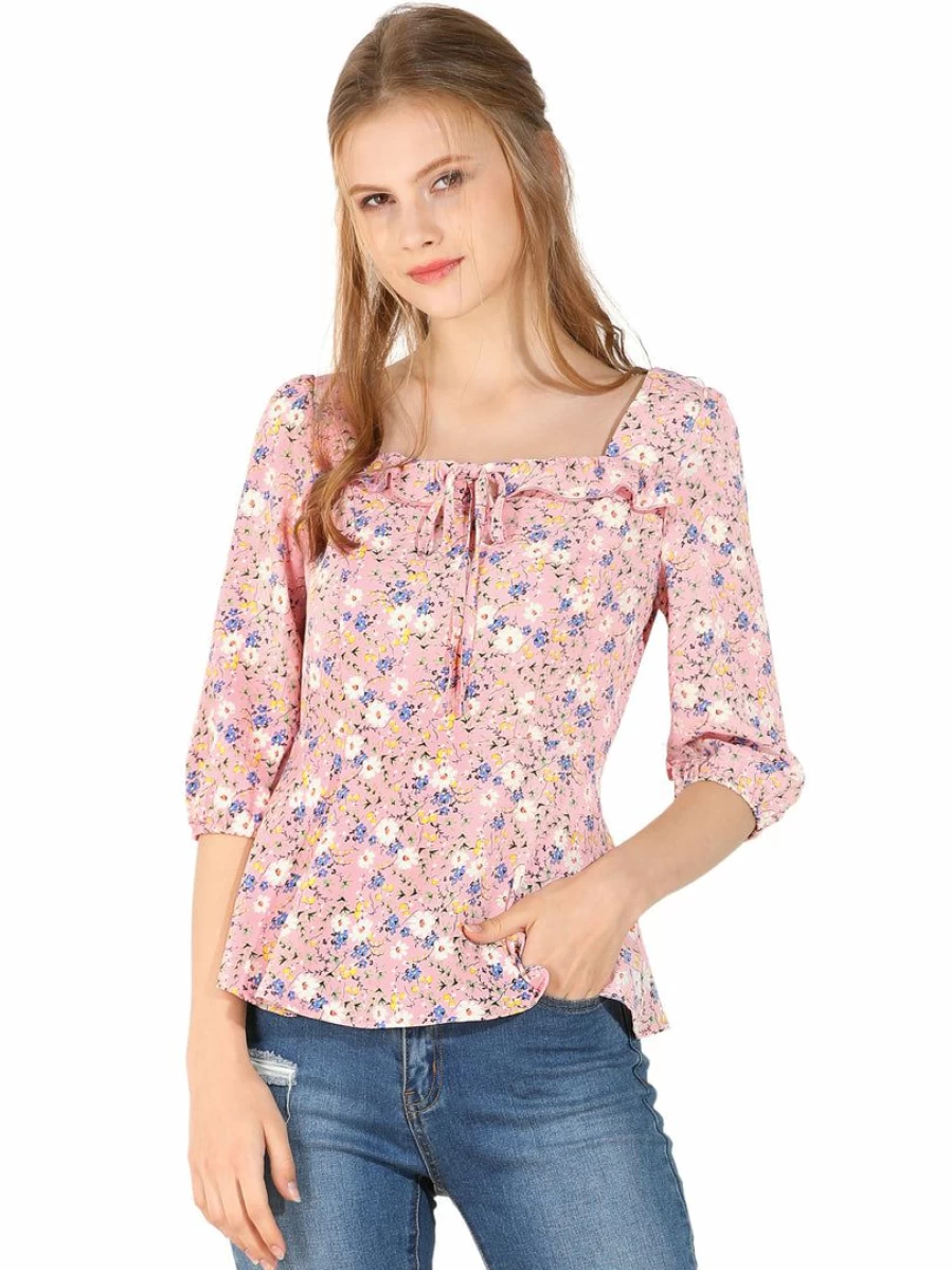 Vintage Floral Print Ruffle Hem Blouse for Women - Pink Square Neck Tie Top