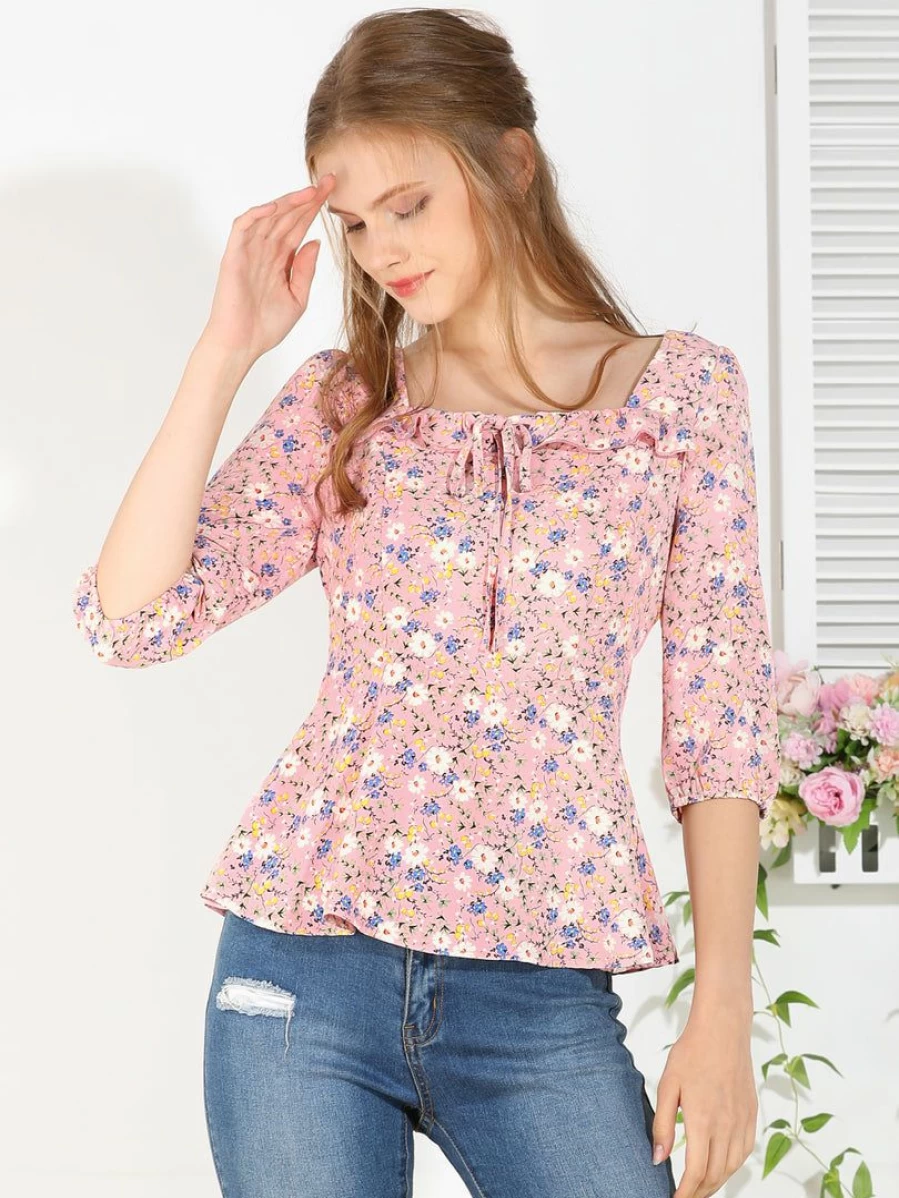 Vintage Floral Print Ruffle Hem Blouse for Women - Pink Square Neck Tie Top