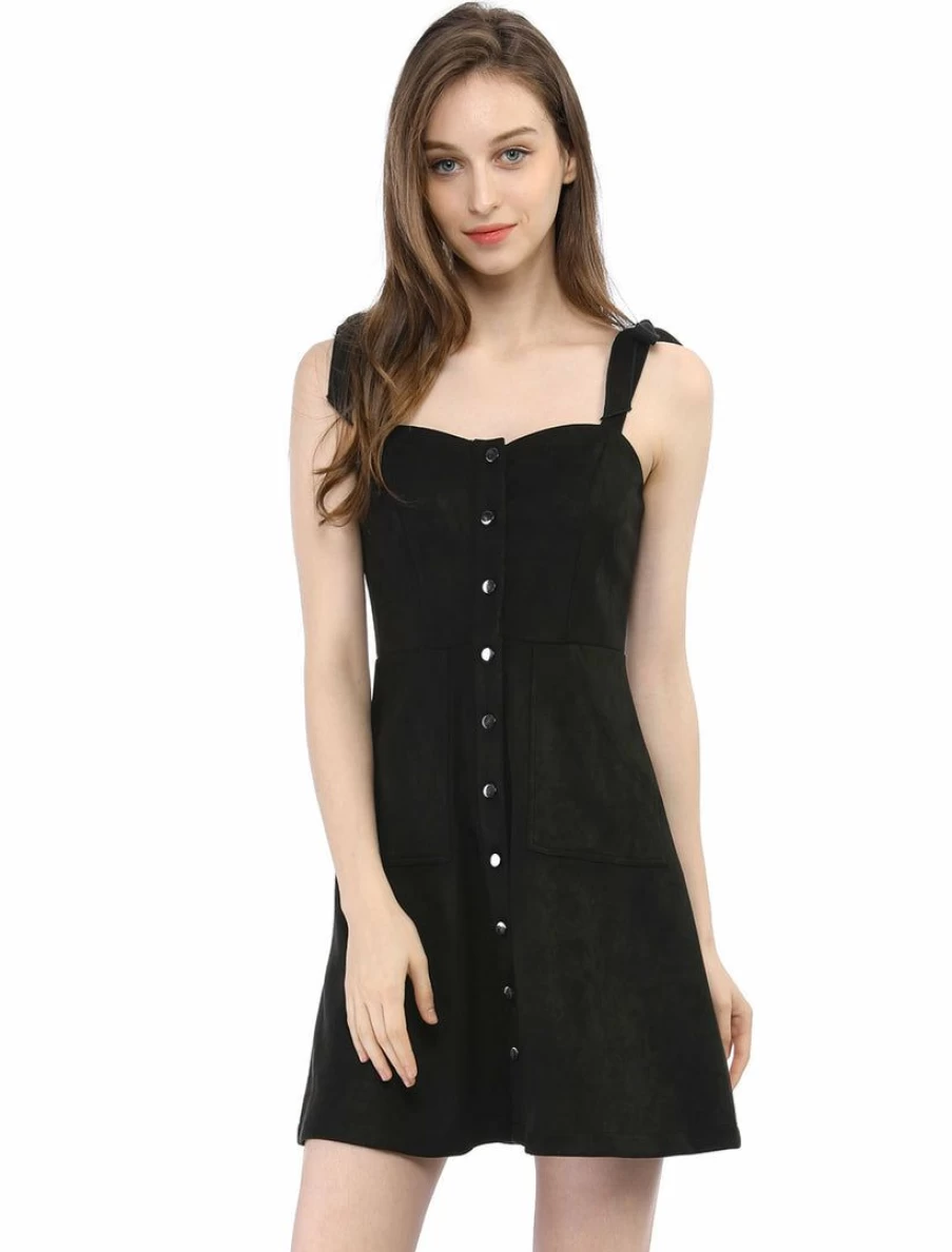 Allegra K Women's Faux Suede Mini Overalls Dress with Button-Down Strap A-Line Design