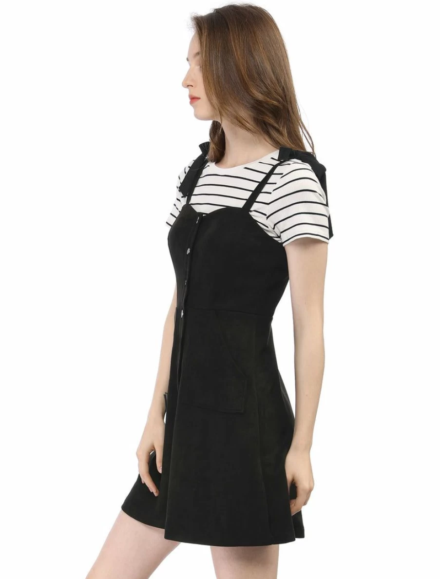 Allegra K Women's Faux Suede Mini Overalls Dress with Button-Down Strap A-Line Design