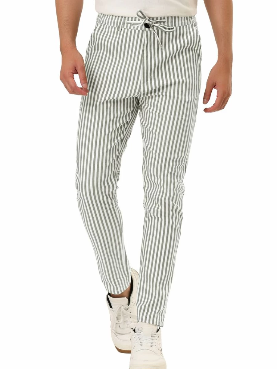 Men's Slim Fit Striped Dress Pants with Drawstring for Business Casual Wear
