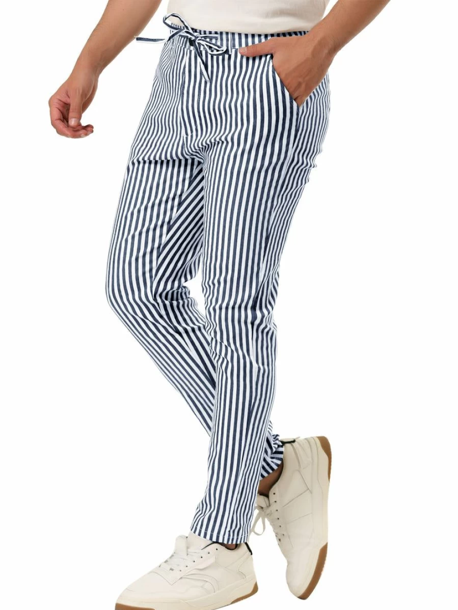 Men's Slim Fit Striped Dress Pants with Drawstring for Business Casual Wear