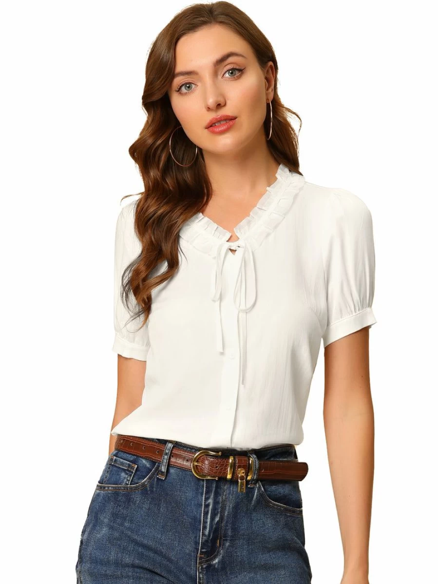 White Women's Ruffle Puff Sleeve Blouse with Self-Tie Neck Button Up