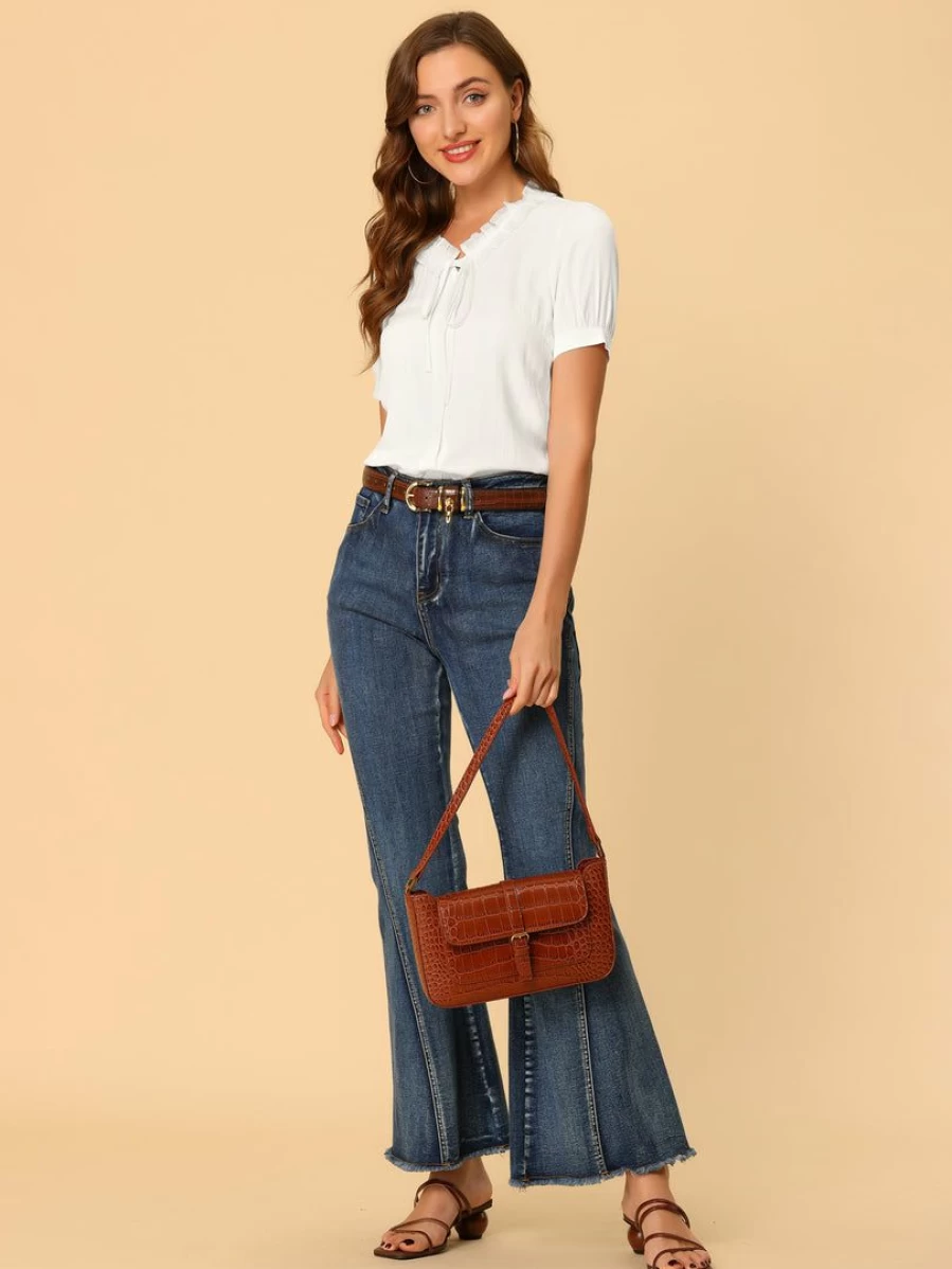 White Women's Ruffle Puff Sleeve Blouse with Self-Tie Neck Button Up