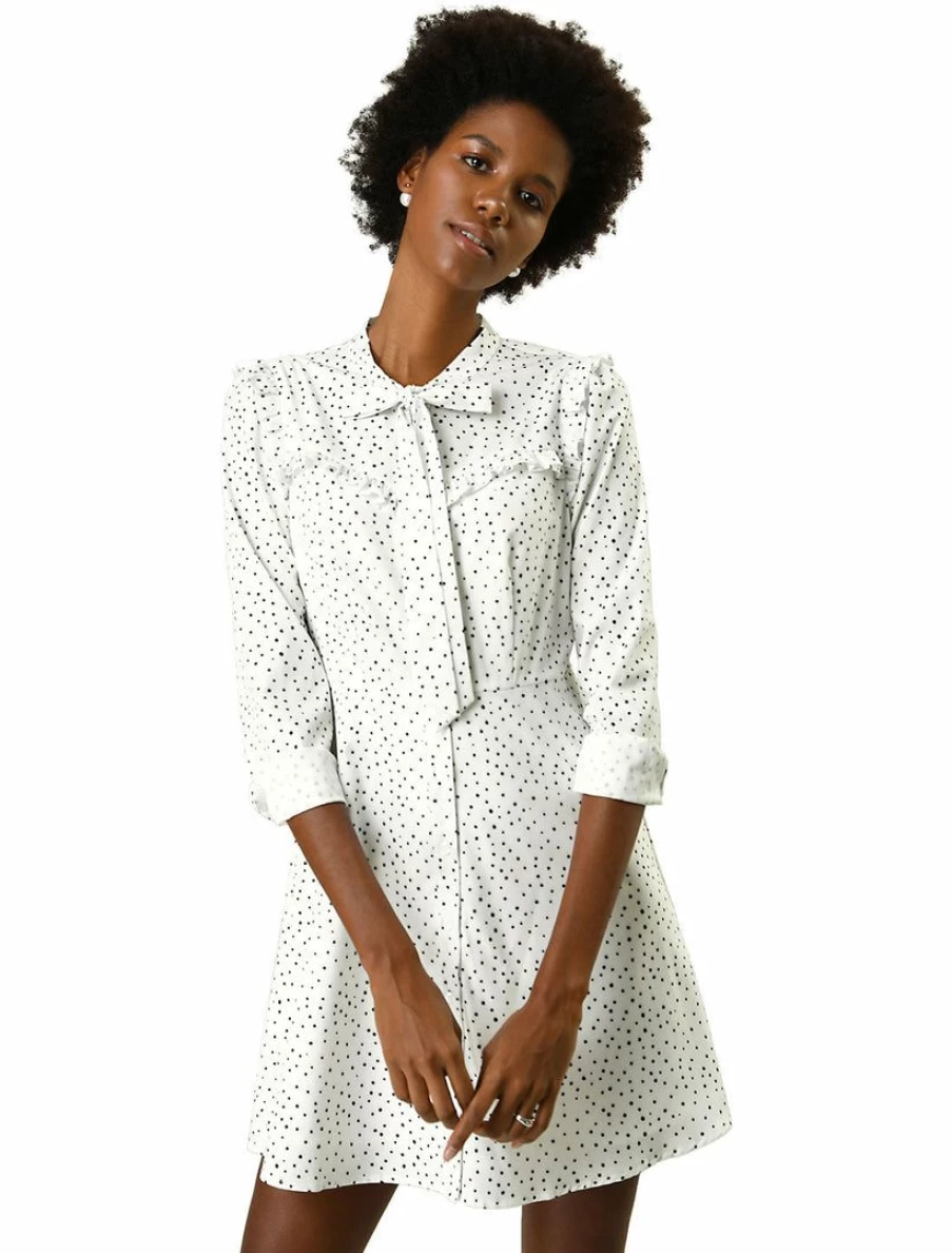 Elegant Polka Dot A-Line Dress with Tie Neck and Ruffle Detail