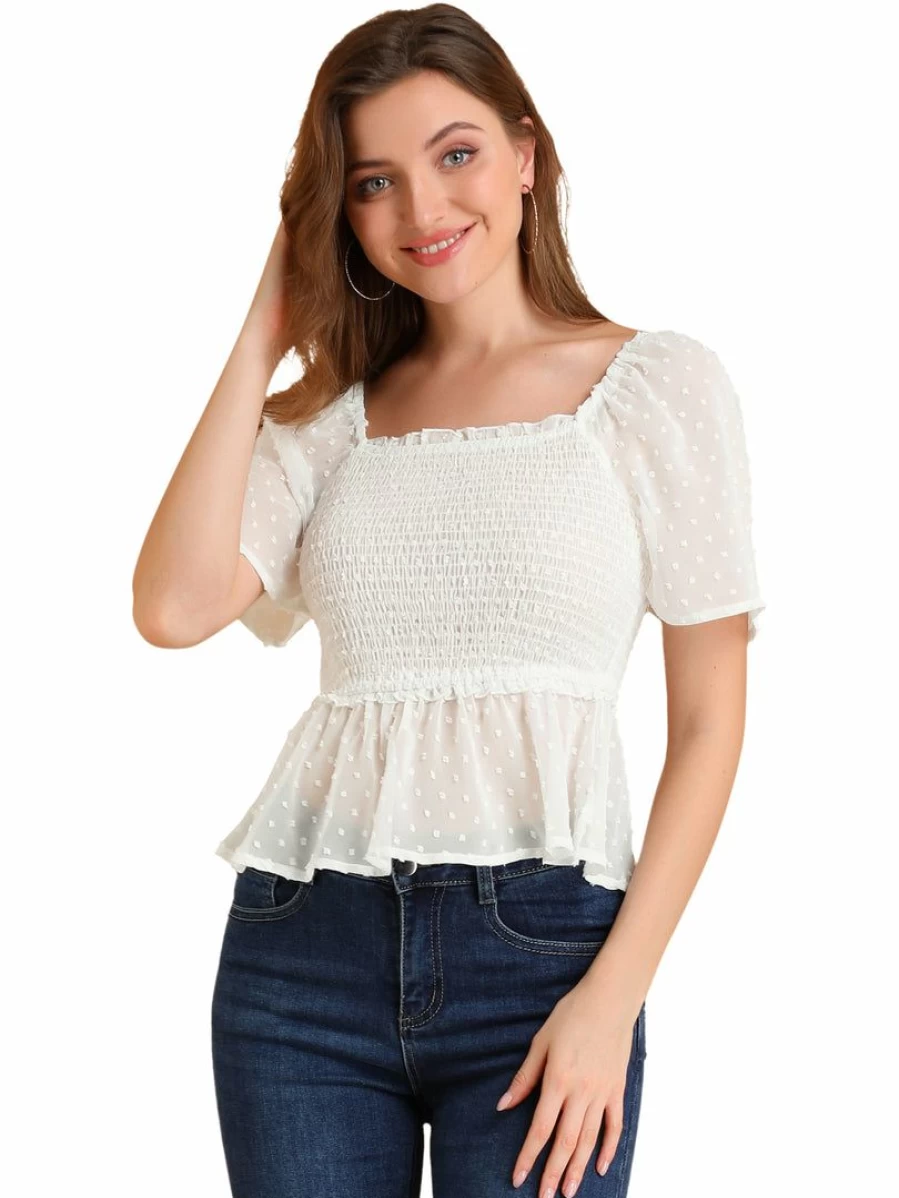 White Women's Smocked Peplum Blouse with Ruffle Detail & Square Neck Crop Top