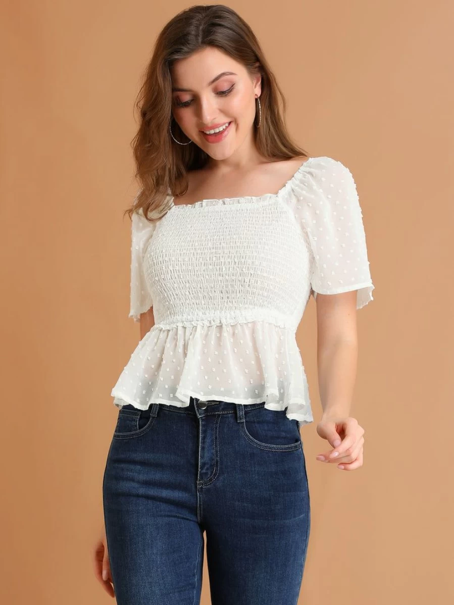 White Women's Smocked Peplum Blouse with Ruffle Detail & Square Neck Crop Top
