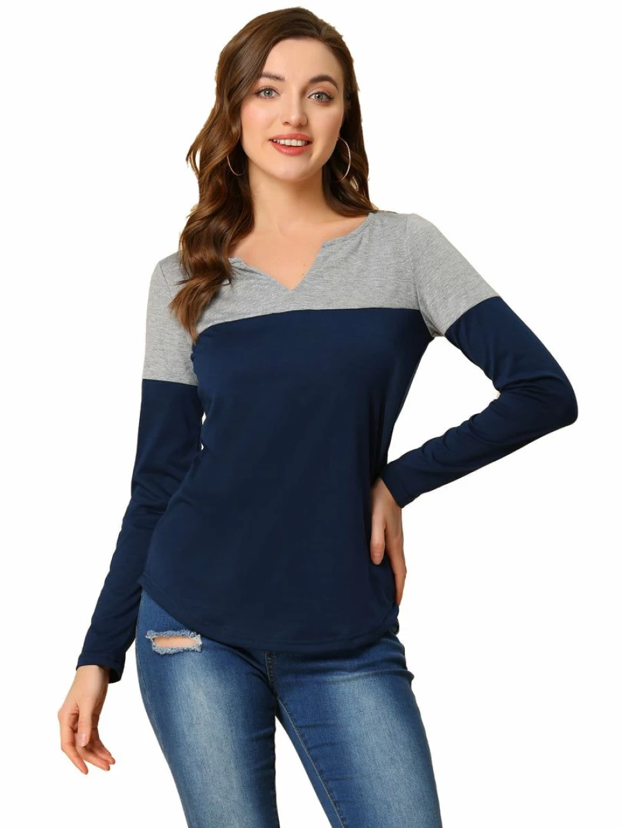 "Stylish Split V-Neck Long Sleeve Color Block T-Shirt - Trendy Two-Tone Casual Top"