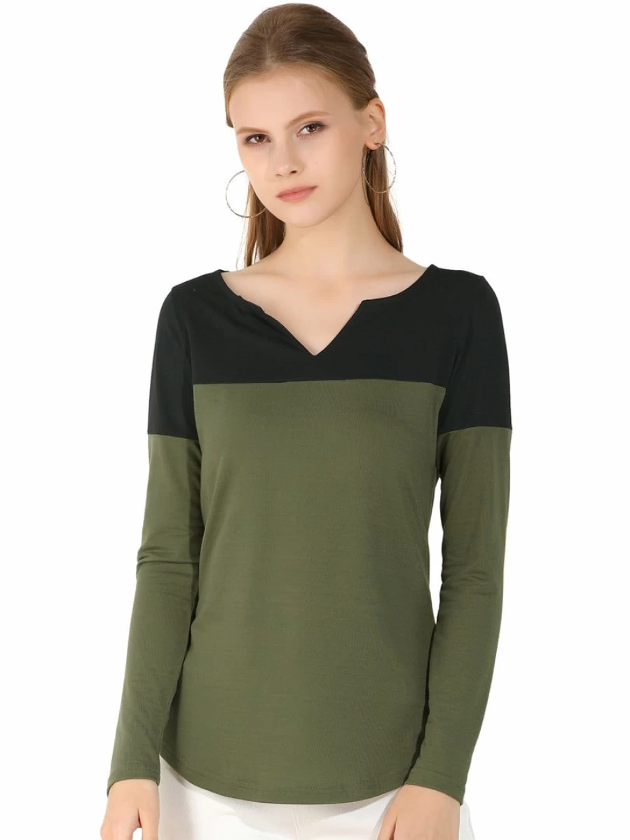 "Stylish Split V-Neck Long Sleeve Color Block T-Shirt - Trendy Two-Tone Casual Top"