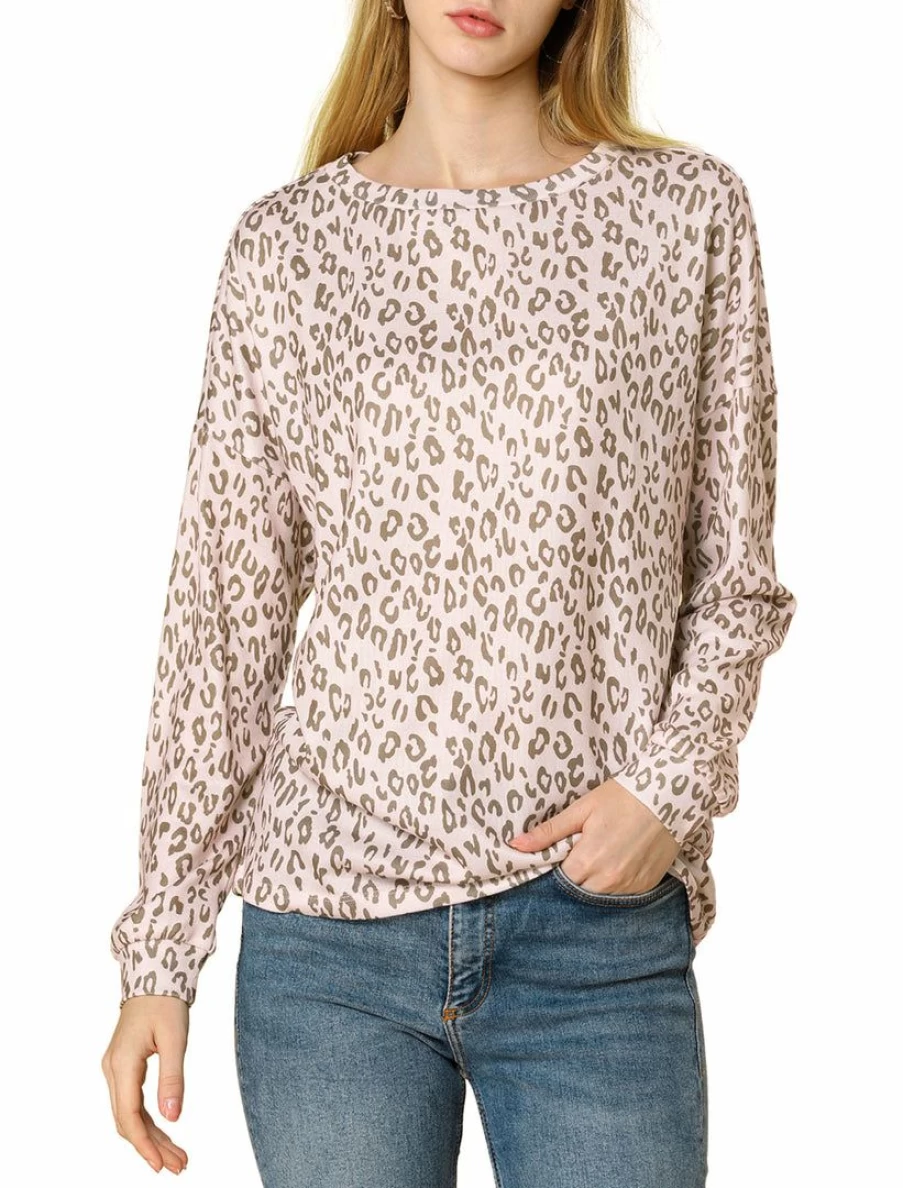 Pink Leopard Print Drop Shoulder Boat Neck Knit Top for Women by Allegra K
