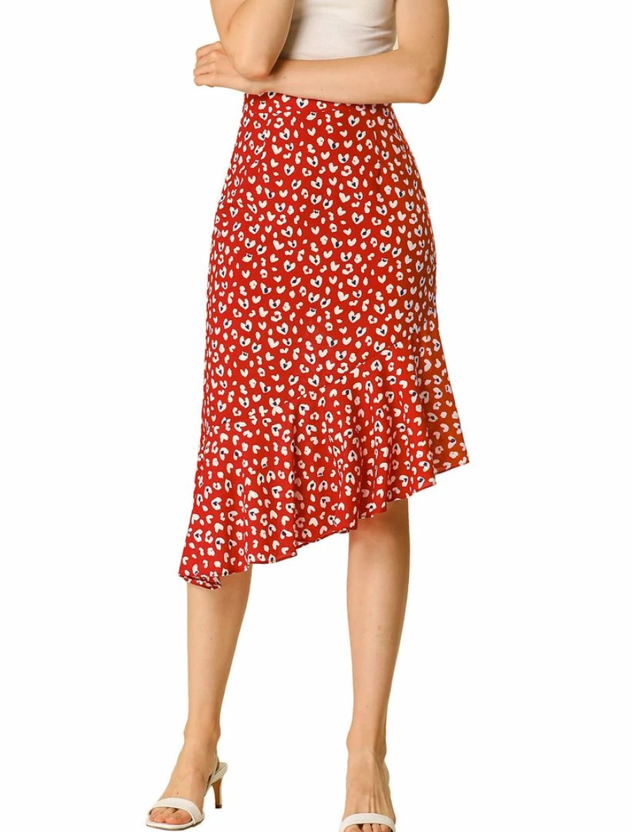 Red Floral Leopard Print Women's Midi Skirt with Ruffle Hem and Asymmetrical Design