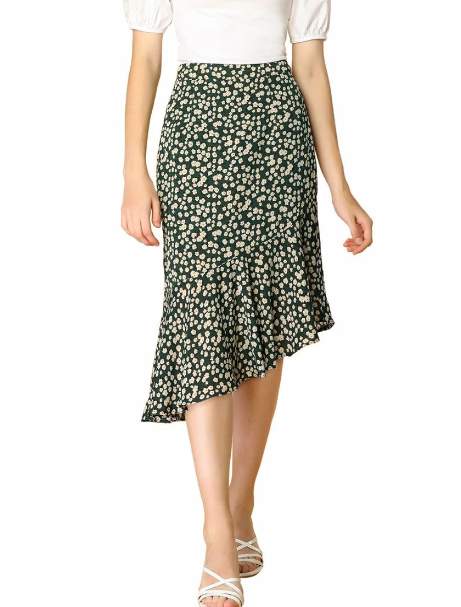 Red Floral Leopard Print Women's Midi Skirt with Ruffle Hem and Asymmetrical Design