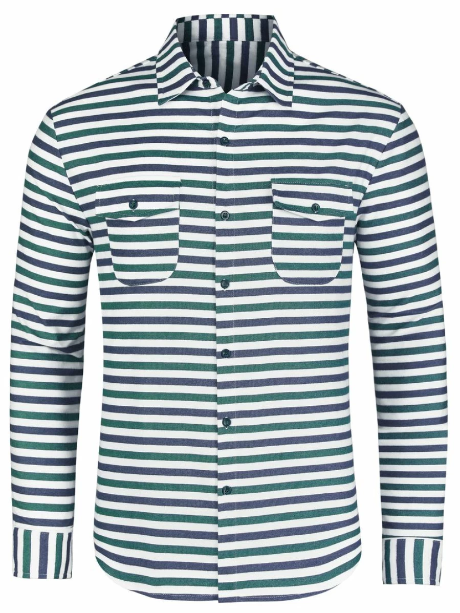 Men's Cotton Flannel Overshirt - Long Sleeve Color Block Button Down Shirt in White, Green & Blue Stripes