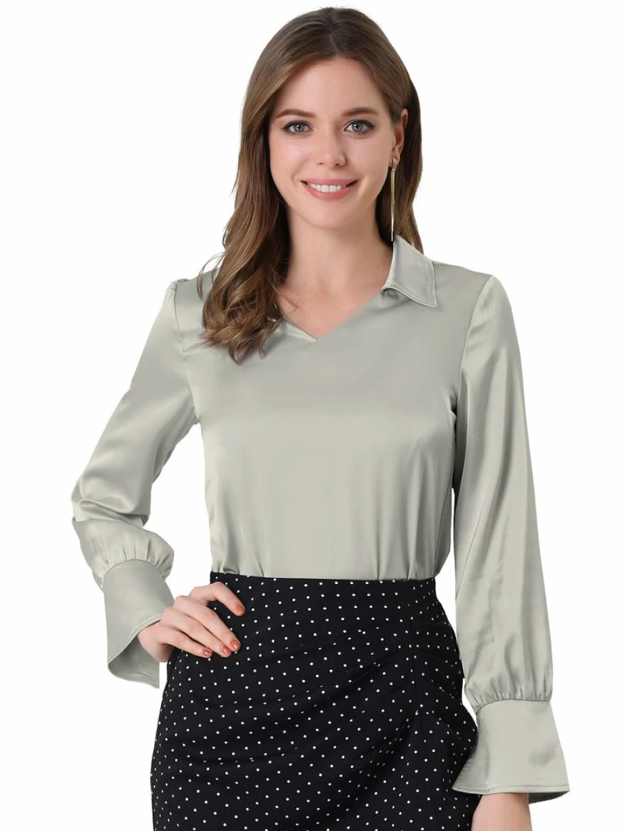 Allegra K Women's Grey Solid Long Sleeve V Neck Office Blouse with Turndown Collar
