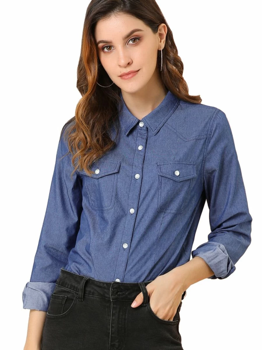 Women's Polka Dot Button Down Shirt with Point Collar and Chest Pockets