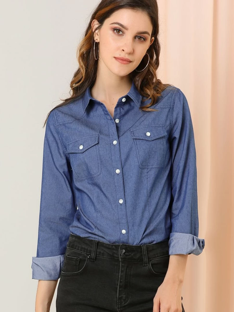Women's Polka Dot Button Down Shirt with Point Collar and Chest Pockets