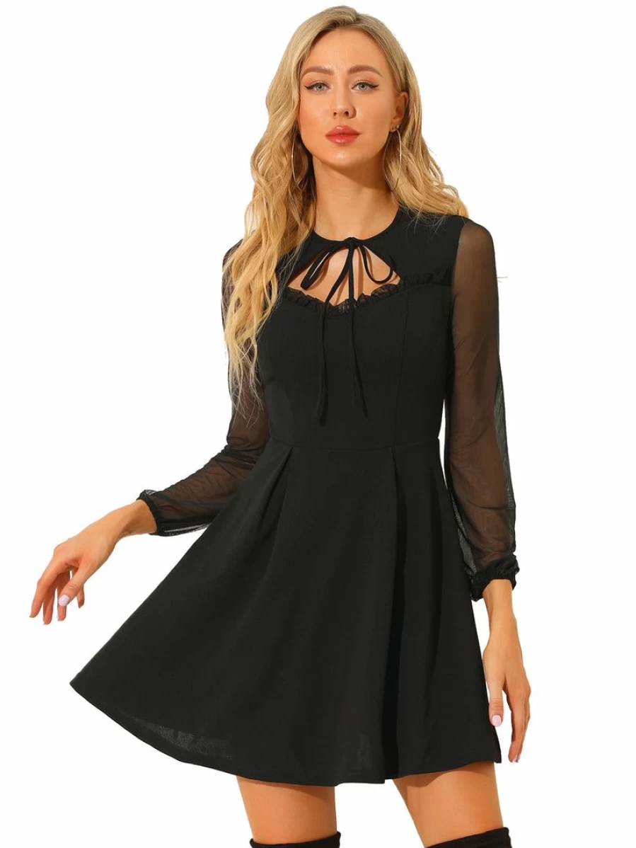 Black Ruffled Sweetheart Neckline Mesh Mini Dress with Long Sleeves and Tie Neck Detail