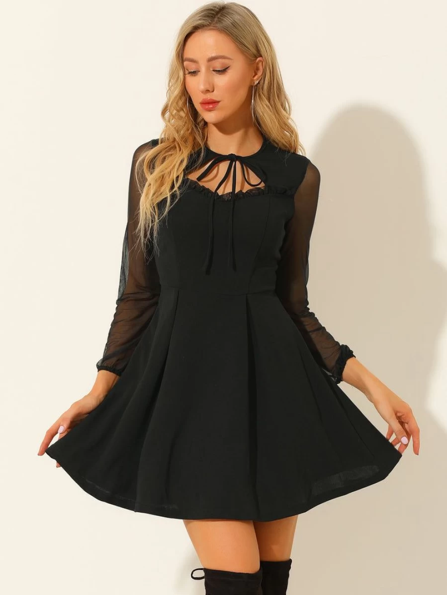 Black Ruffled Sweetheart Neckline Mesh Mini Dress with Long Sleeves and Tie Neck Detail