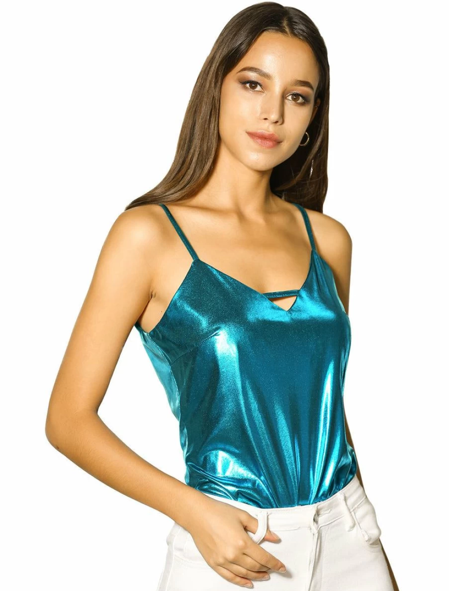Women's Metallic Shiny Deep V-Neck Party Tank Top Sexy Sleeveless Camisole for Night Out