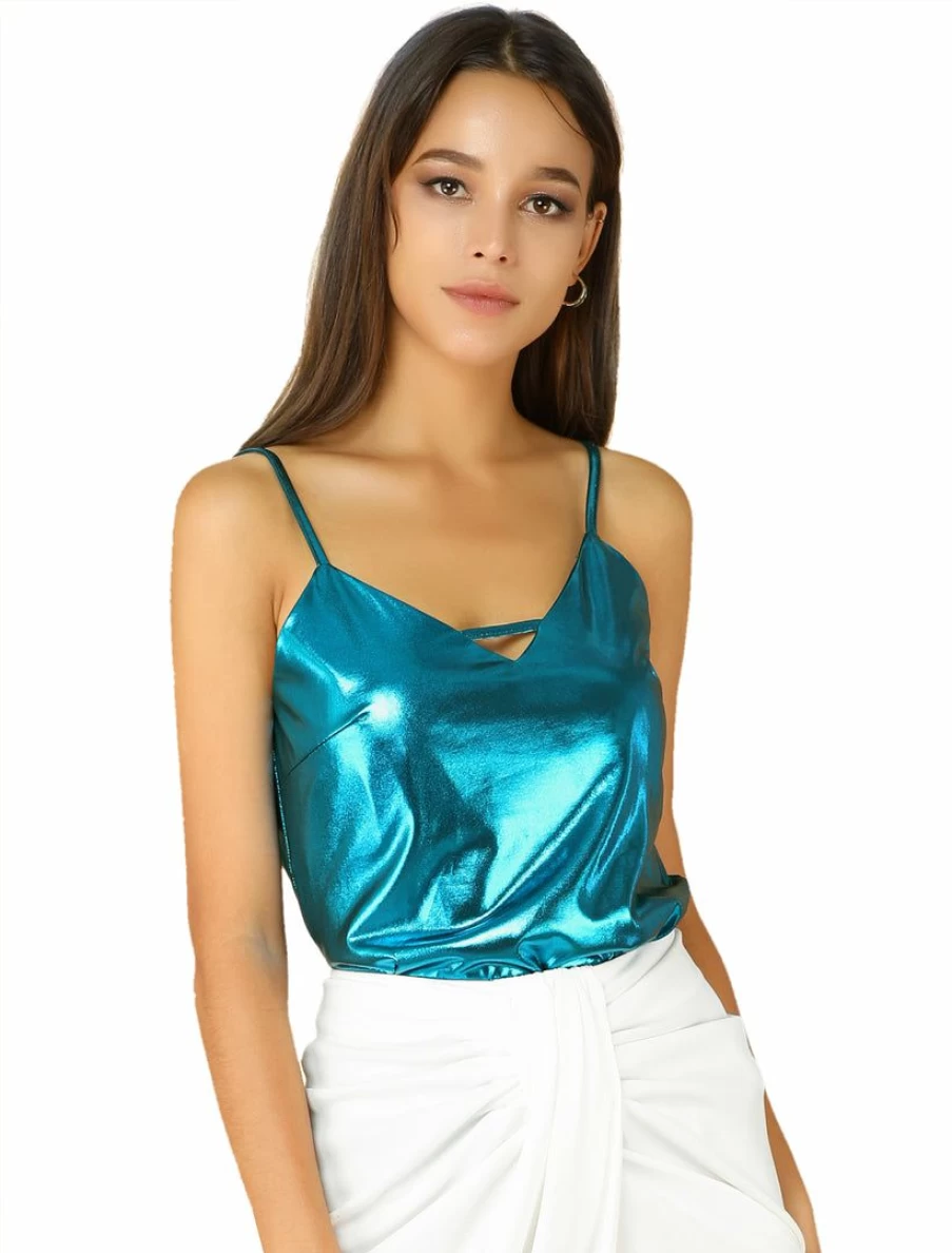 Women's Metallic Shiny Deep V-Neck Party Tank Top Sexy Sleeveless Camisole for Night Out