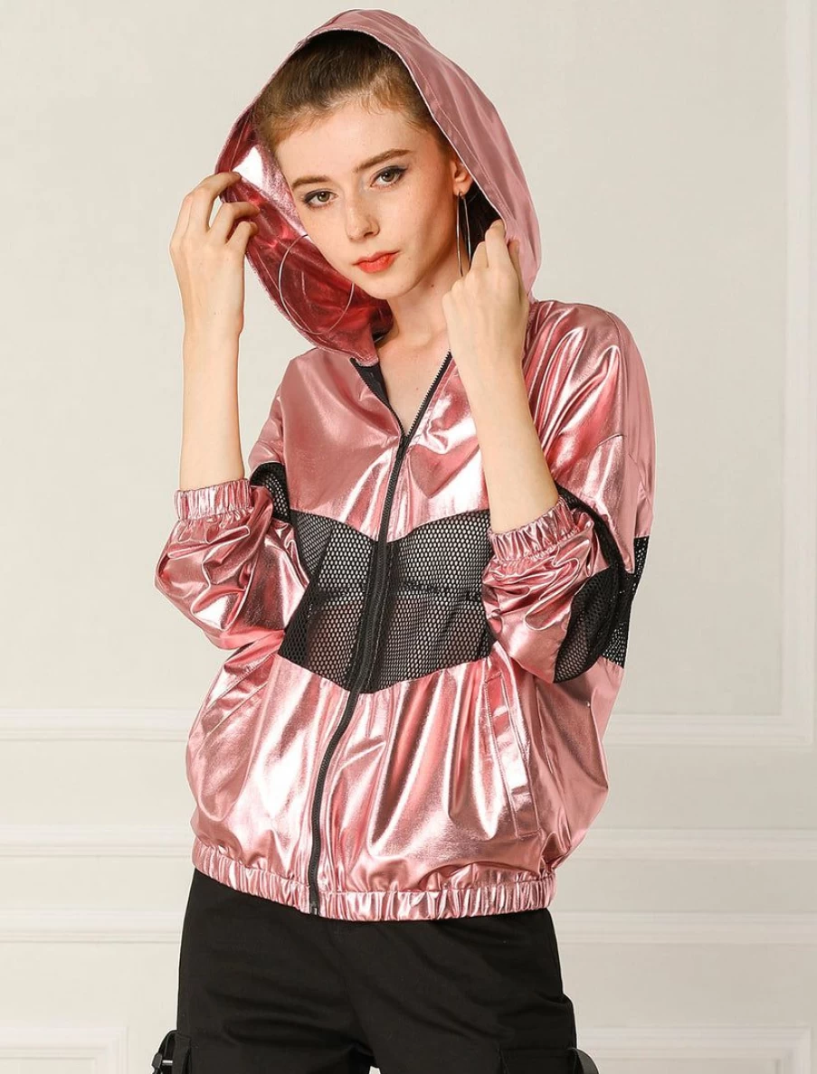 Rose Gold Metallic Hooded Jacket for Women - Shiny Zipper Fishnet Mesh Panel Athleisure Coat