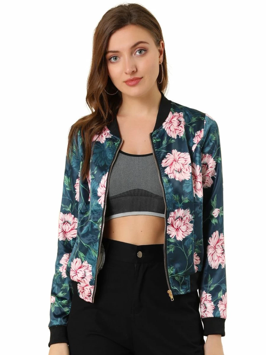 Women's Floral Print Bomber Jacket with Stand Collar and Zip-Up Design