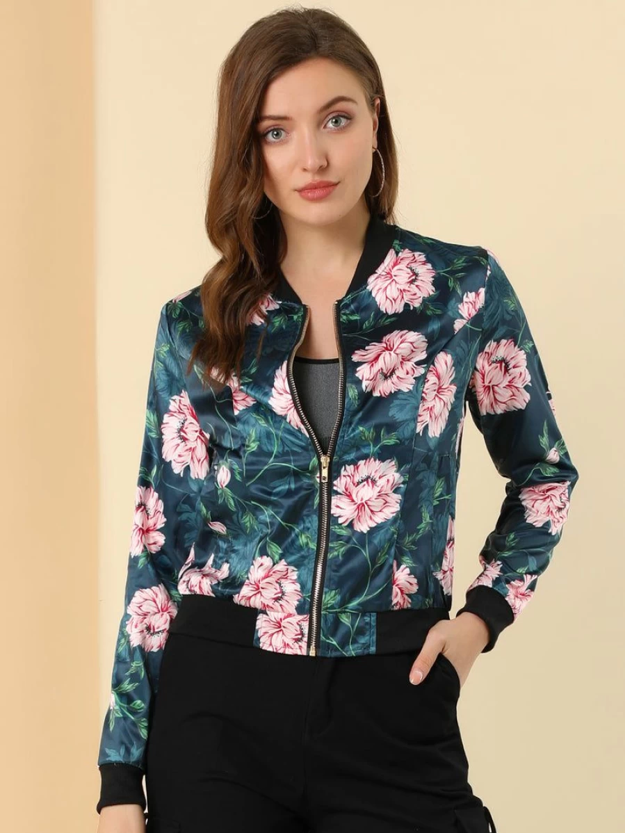 Women's Floral Print Bomber Jacket with Stand Collar and Zip-Up Design
