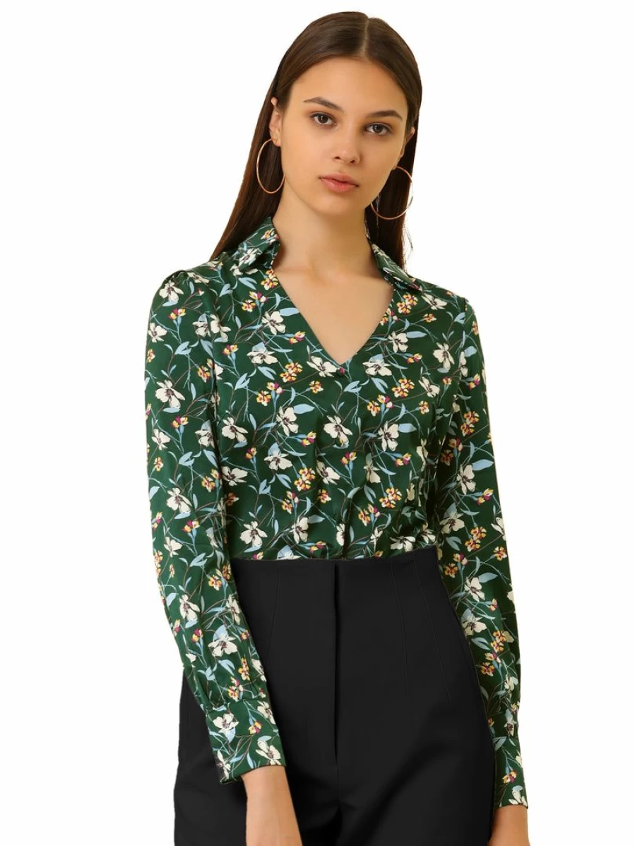 Vintage Floral Green Blouse for Women with V-Neck and Button Decor Collar