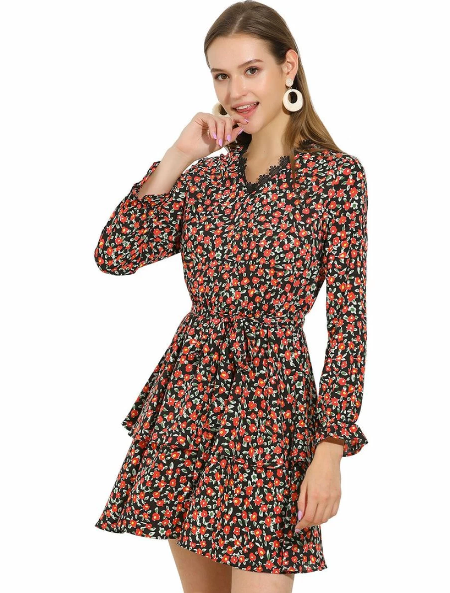 Black Floral Lace V-Neck Long Sleeve Belted Swing Tiered Dress for Women