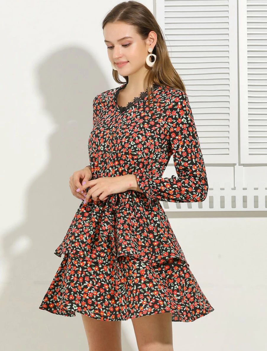 Black Floral Lace V-Neck Long Sleeve Belted Swing Tiered Dress for Women