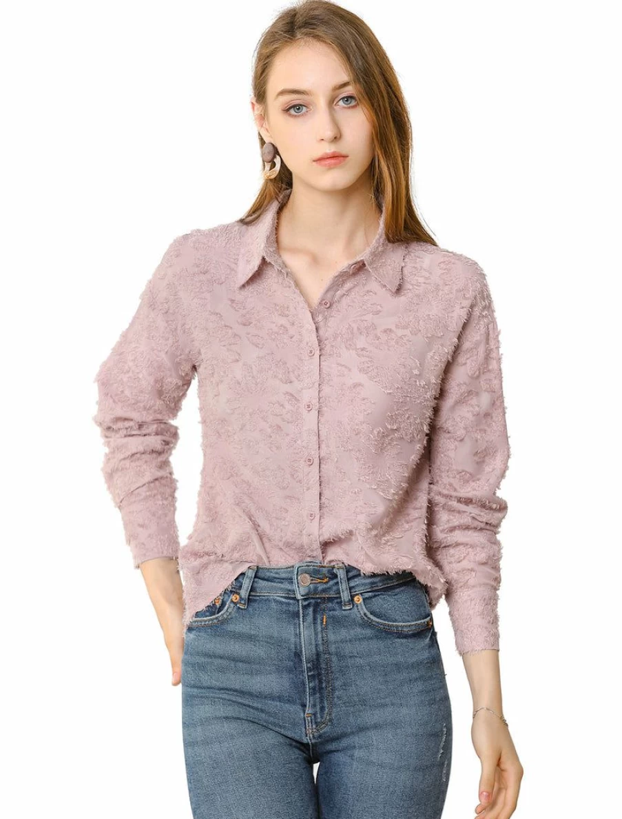 Allegra K Women's Pink Textured Blouse with Turn Down Collar and Long Sleeves for Work