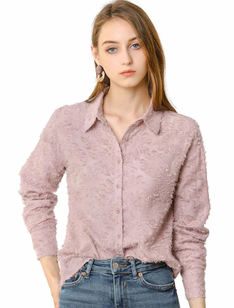 Allegra K Women's Pink Textured Blouse with Turn Down Collar and Long Sleeves for Work