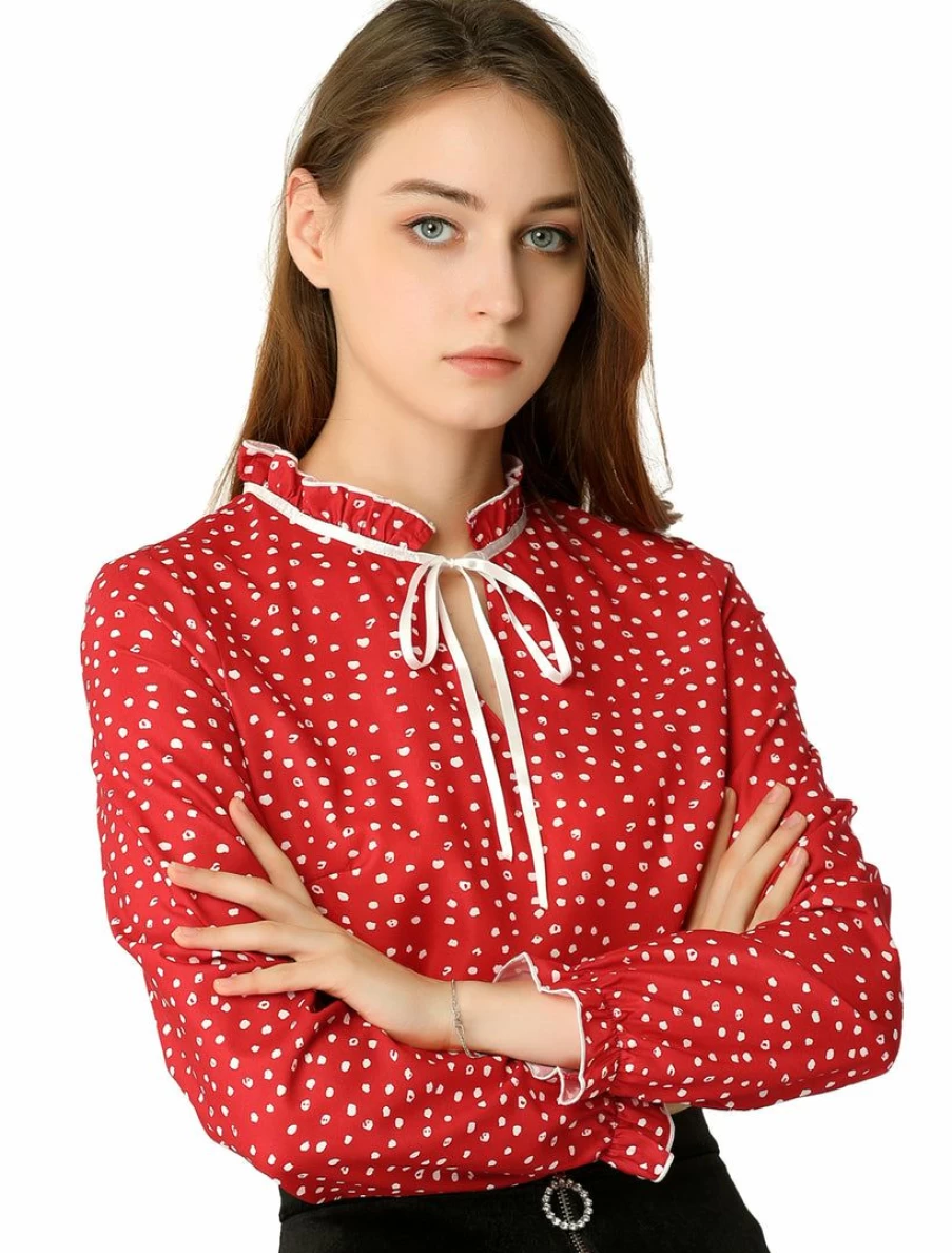 Vintage Bell Sleeve Blouse for Women with Ruffle Neck Tie Detail
