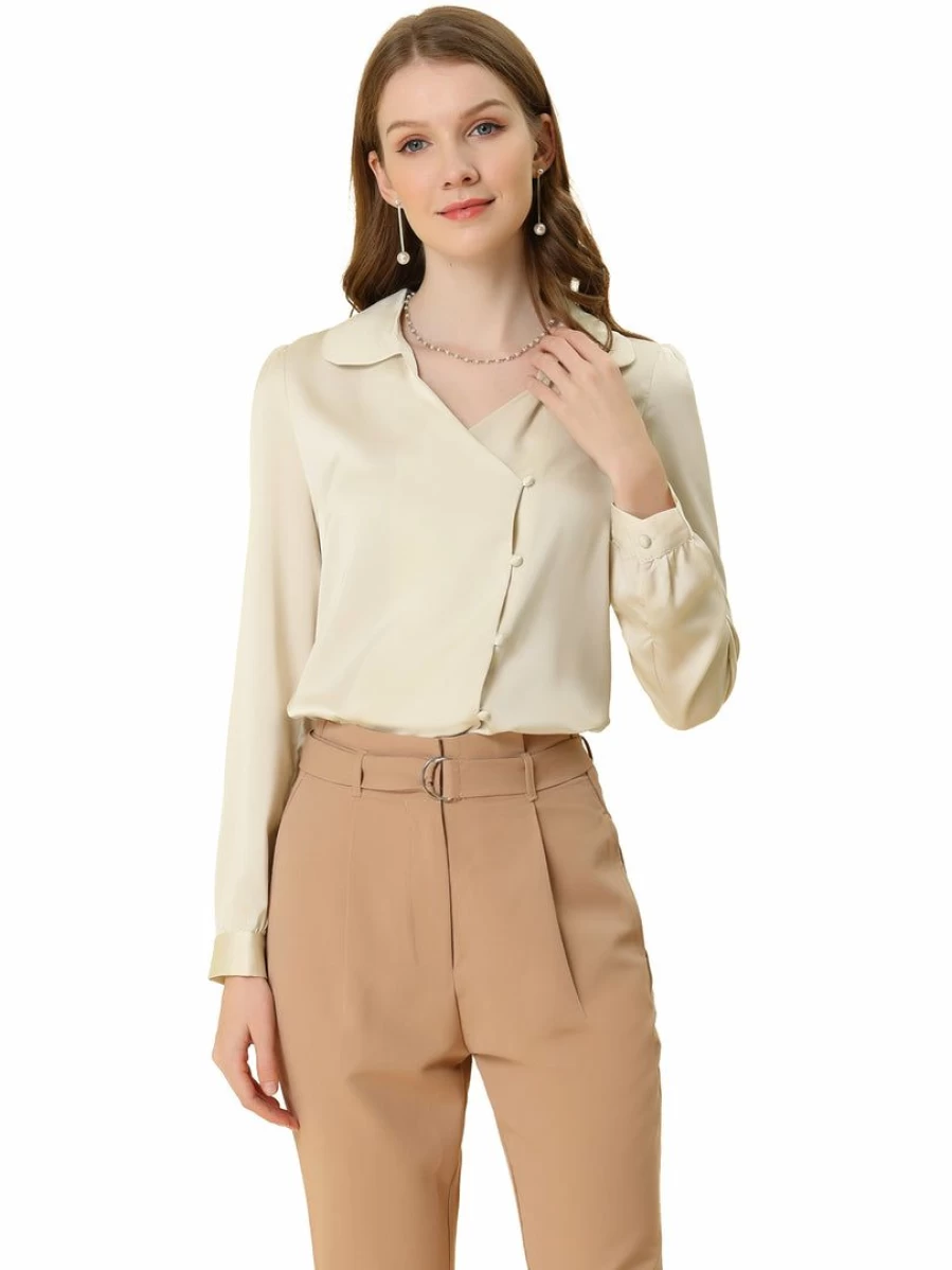 Allegra K Women's Apricot Satin Blouse with V-Neck, Lapel Collar, and Button Cuff Vintage Shirt