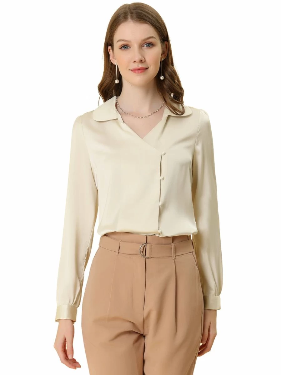 Allegra K Women's Apricot Satin Blouse with V-Neck, Lapel Collar, and Button Cuff Vintage Shirt