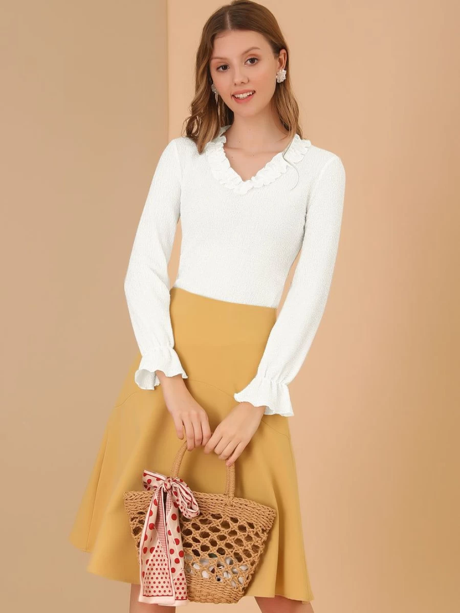 Vintage White Long Bell Sleeves Ruffle V-Neck Blouse for Women